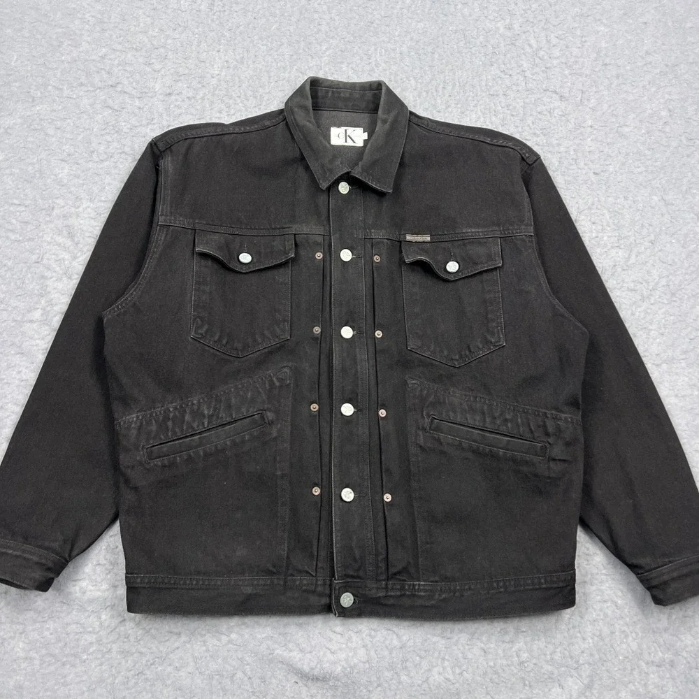 VTG Calvin‎ Klein Jean Jacket Men's Large Black Denim Trucker Hand Pockets USA